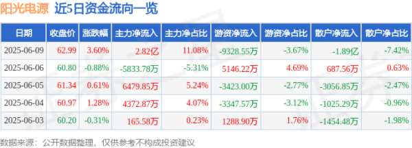沪深优配 股票行情快报：阳光电源（300274）6月9日主力资金净买入2.82亿元